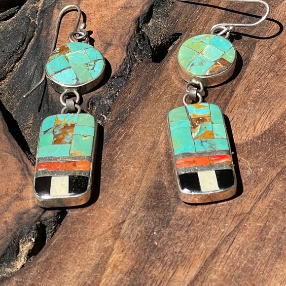Jewelry - Native American silver and mosaic turquoise, coral & shell earrings